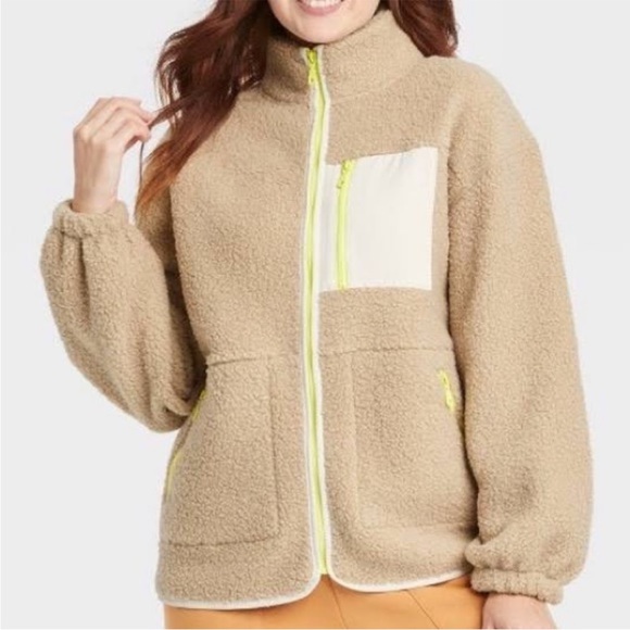 Women’s Sherpa Jacket - Universal Thread Tan with Neon Yellow Accents - Picture 1 of 8
